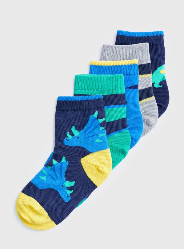 Dinosaur & Stripe Ankle Socks 5 Pack 6-8.5